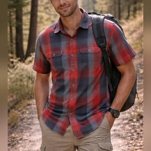Kuhl Men’s Plaid Button-Up Shirt S Red Gray Short Sleeve Outdoor Casual Hiking